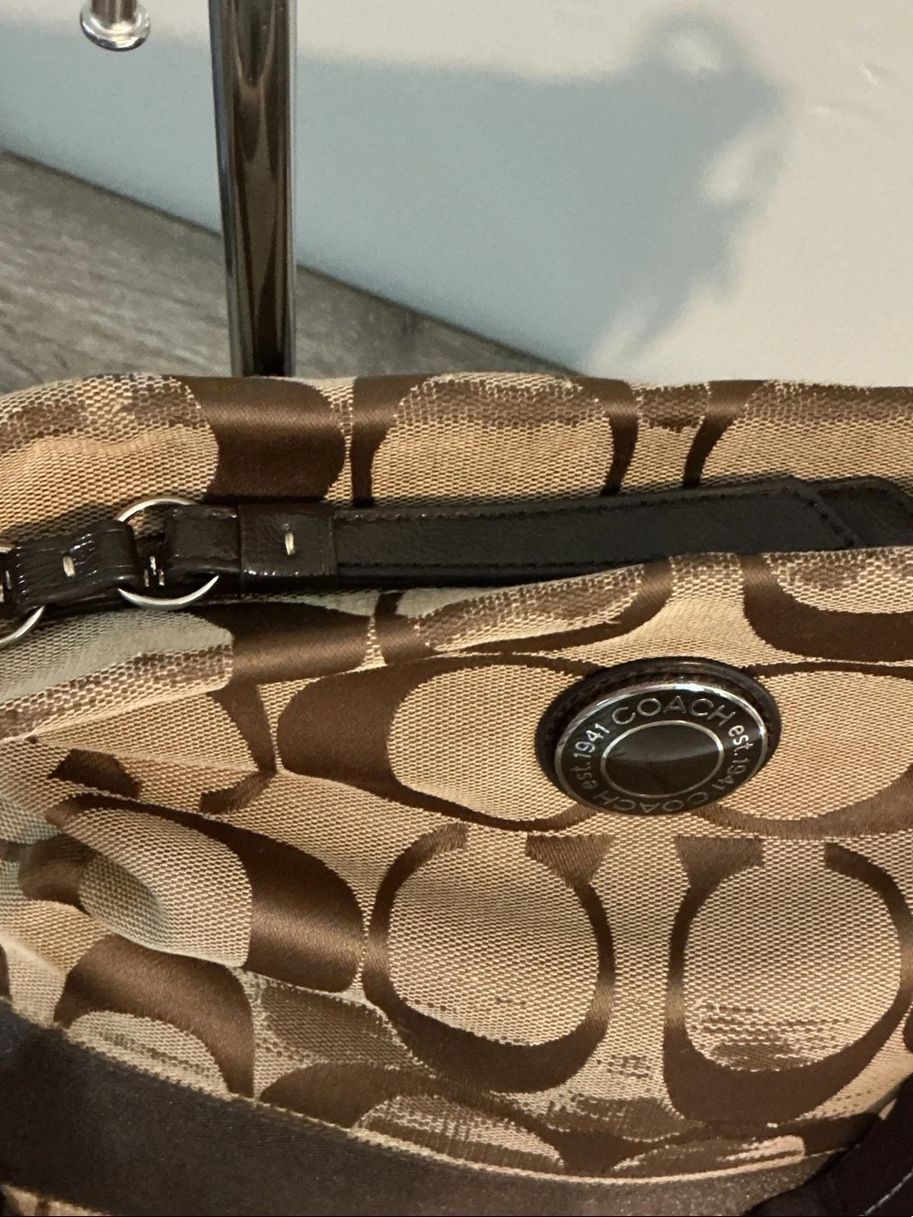 Coach Brown Signature Canvas Crossbody Bag with Dark Brown Trim
